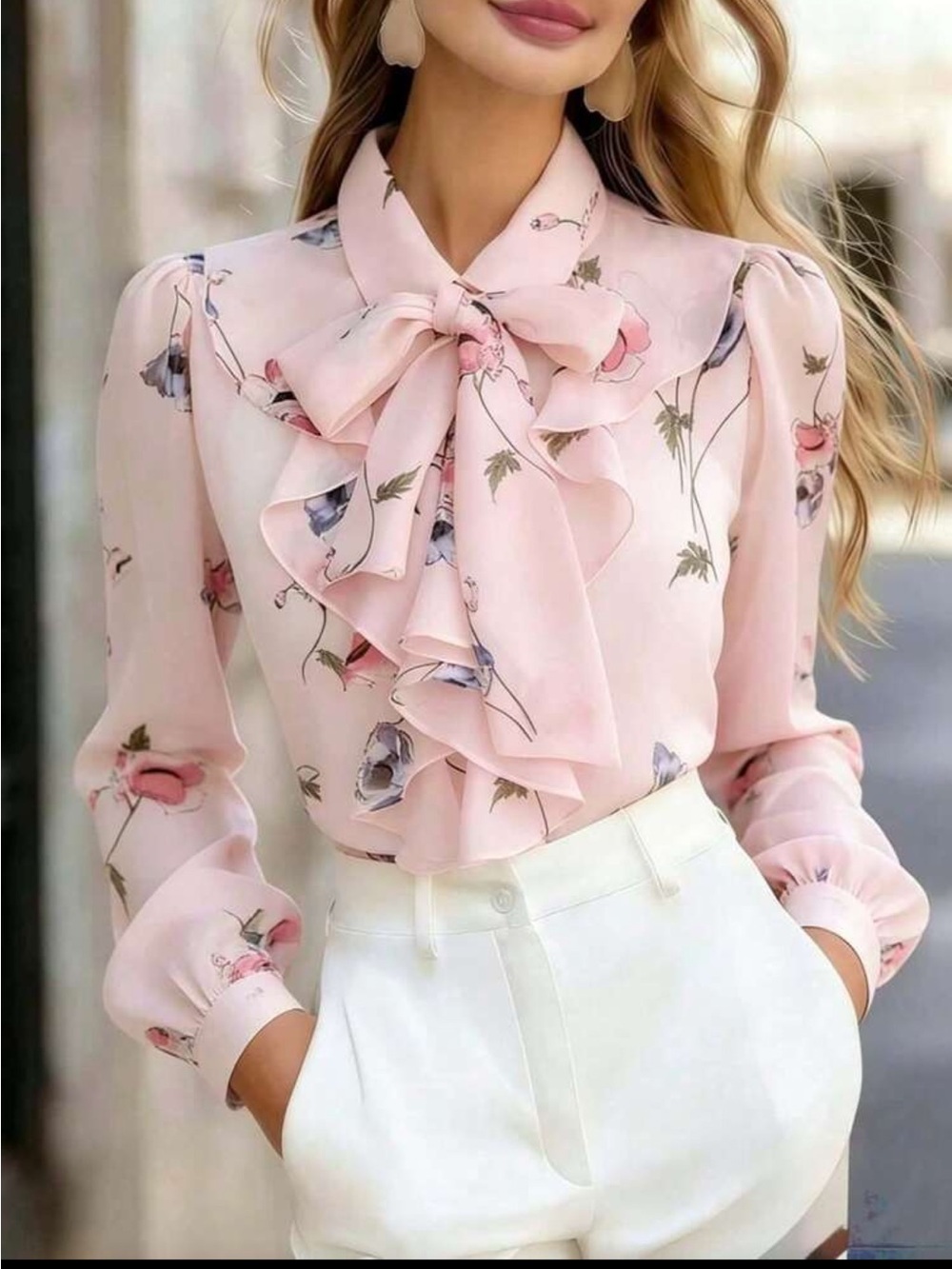 Elegant Pink Floral Ruffle Tie Neck Button Down Up Shirt Top Blouse